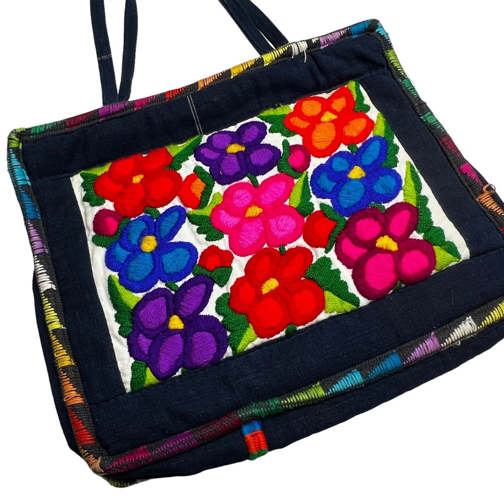 Vtg Embroidered Floral Tote Handbag Knit Flowers Hippie Colorful MCM USA Cotton